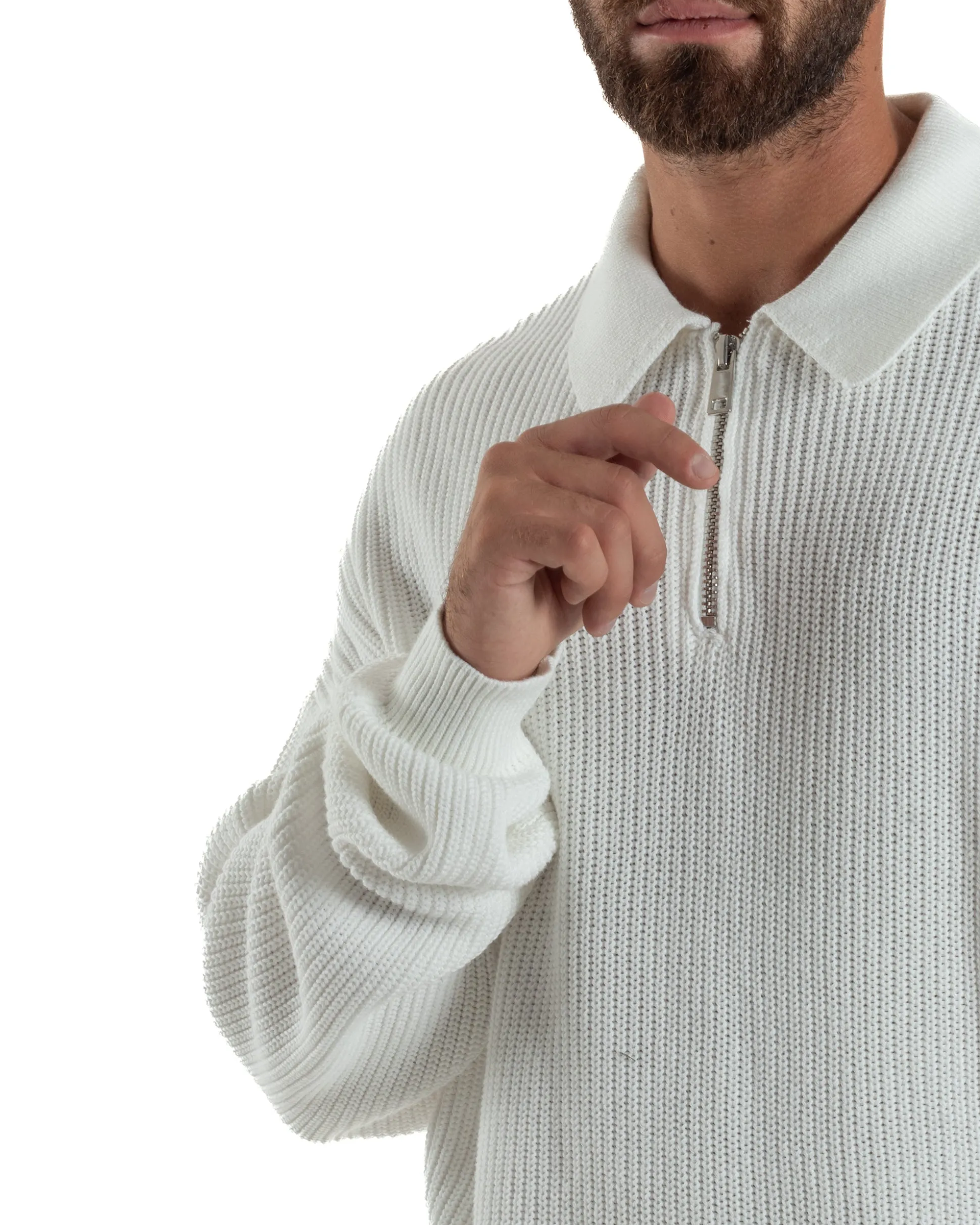 Maglione Uomo Polo Con Zip Maglia Inglese Con Colletto Bianco M3024A