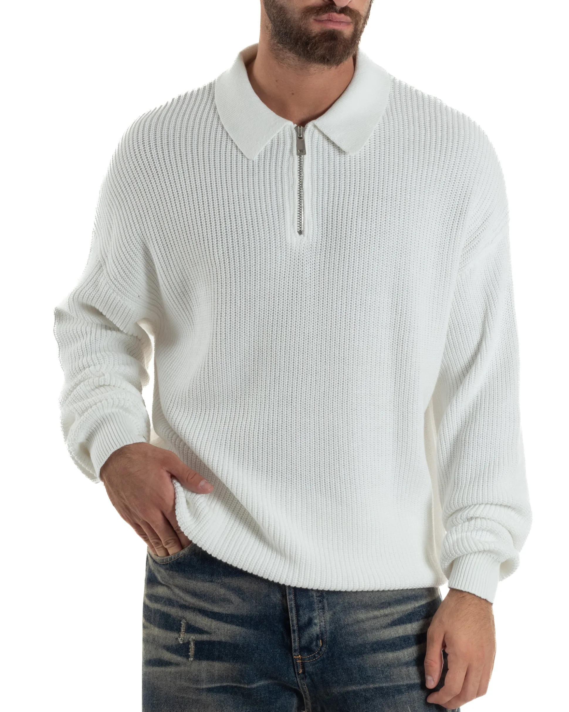 Maglione Uomo Polo Con Zip Maglia Inglese Con Colletto Bianco M3024A