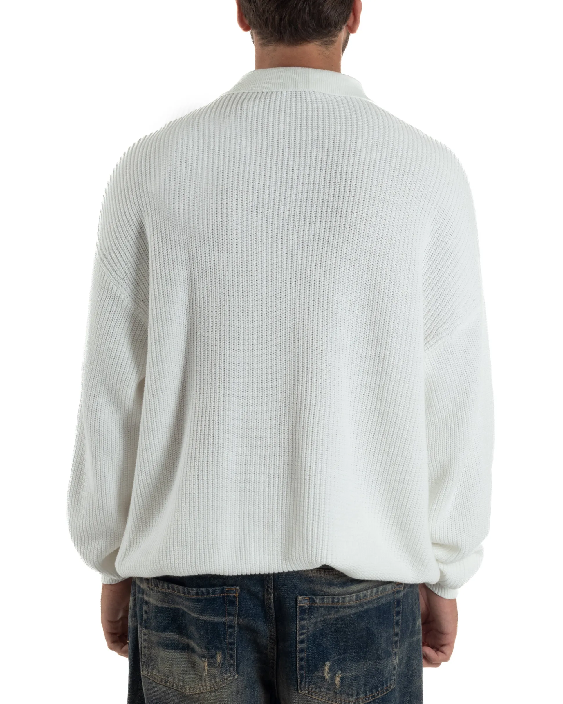 Maglione Uomo Polo Con Zip Maglia Inglese Con Colletto Bianco M3024A