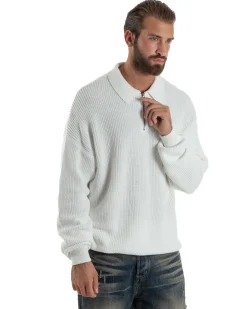 Maglione Uomo Polo Con Zip Maglia Inglese Con Colletto Bianco M3024A
