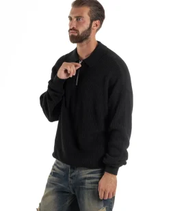 Maglione Uomo Polo Con Zip Maglia Inglese Con Colletto Nero M3023A