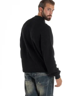 Maglione Uomo Polo Con Zip Maglia Inglese Con Colletto Nero M3023A