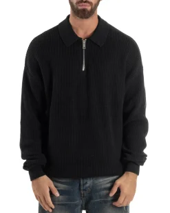 Maglione Uomo Polo Con Zip Maglia Inglese Con Colletto Nero M3023A