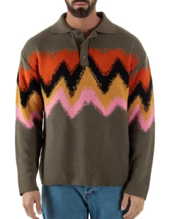 Maglione Uomo Polo Oversize Lana Spalle Scese Multicolore Marrone M3085A