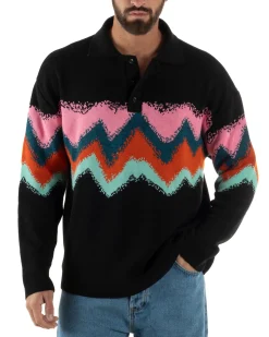 Maglione Uomo Polo Oversize Lana Spalle Scese Multicolore Nero M3086A
