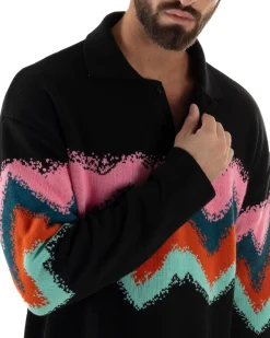 Maglione Uomo Polo Oversize Lana Spalle Scese Multicolore Nero M3086A
