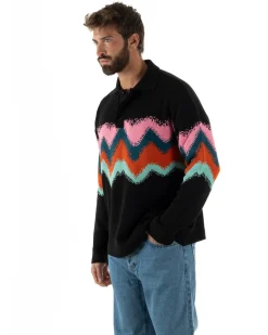 Maglione Uomo Polo Oversize Lana Spalle Scese Multicolore Nero M3086A