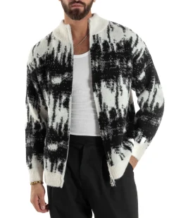 Maglione Uomo Pullover Zip Intera Maglia Lana Mohair Fantasia Bicolore Nero M3079A