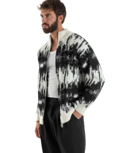 Maglione Uomo Pullover Zip Intera Maglia Lana Mohair Fantasia Bicolore Nero M3079A