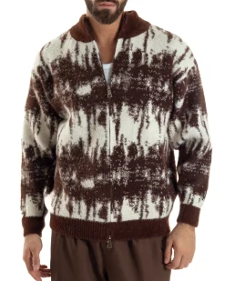 Maglione Uomo Pullover Zip Intera Maglia Lana Mohair Fantasia Bicolore Marrone M3078A