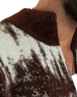 Maglione Uomo Pullover Zip Intera Maglia Lana Mohair Fantasia Bicolore Marrone M3078A