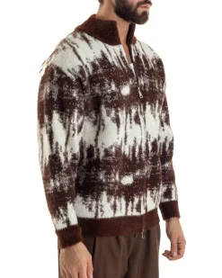 Maglione Uomo Pullover Zip Intera Maglia Lana Mohair Fantasia Bicolore Marrone M3078A