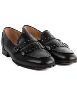 Mocassini uomo con fibbia frangia borchie argento scarpe copelle eleganti pelle vitello cerimonia suola di cuoio con ovalino antiscivolo casual nero GIOSAL-S1321A