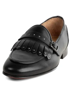 Mocassini uomo con fibbia frangia borchie argento scarpe copelle eleganti pelle vitello cerimonia suola di cuoio con ovalino antiscivolo casual nero GIOSAL-S1321A