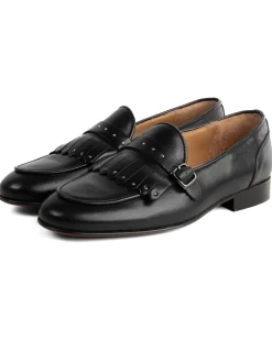 Mocassini uomo con fibbia frangia borchie argento scarpe copelle eleganti pelle vitello cerimonia suola di cuoio con ovalino antiscivolo casual nero GIOSAL-S1321A