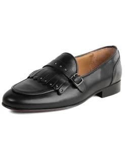 Mocassini uomo con fibbia frangia borchie argento scarpe copelle eleganti pelle vitello cerimonia suola di cuoio con ovalino antiscivolo casual nero GIOSAL-S1321A