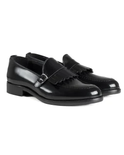 Mocassini Uomo Con Fibbia Frangia Scarpe Eleganti Ecopelle Abrasivate Cerimonia Suola Di Cuoio Casual Nero GIOSAL-S1295A