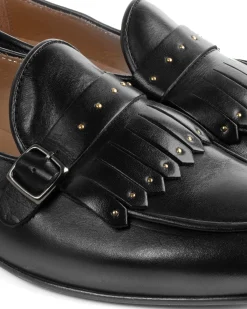 Mocassini uomo con fibbia frangia borchie scarpe copelle eleganti pelle vitello cerimonia suola di cuoio con ovalino antiscivolo casual nero GIOSAL-S1272A