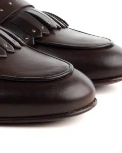 Mocassini uomo con fibbia frangia borchie scarpe copelle eleganti pelle vitello cerimonia suola di cuoio con ovalino antiscivolo casual marrone GIOSAL-S1271A