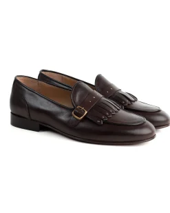 Mocassini uomo con fibbia frangia borchie scarpe copelle eleganti pelle vitello cerimonia suola di cuoio con ovalino antiscivolo casual marrone GIOSAL-S1271A