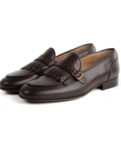 Mocassini uomo con fibbia frangia borchie scarpe copelle eleganti pelle vitello cerimonia suola di cuoio con ovalino antiscivolo casual marrone GIOSAL-S1271A