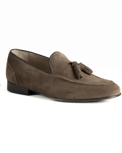 Mocassini uomo con nappine scarpe camoscio eleganti cerimonia pelle scamosciata suola di cuoio con ovalino antiscivolo casual tortora GIOSAL-S1322A