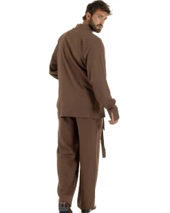 Outfit coordinato lino kimono pantaloni baggy corda morbido marrone GIOSAL-OU2559A