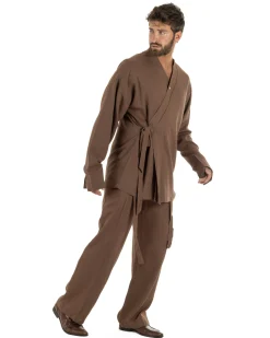 Outfit coordinato lino kimono pantaloni baggy corda morbido marrone GIOSAL-OU2559A