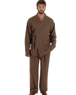 Outfit coordinato lino kimono pantaloni baggy corda morbido marrone GIOSAL-OU2559A