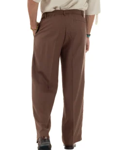 Outfit coordinato lino kimono pantaloni baggy corda morbido marrone GIOSAL-OU2559A
