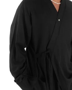 Outfit coordinato lino kimono pantaloni baggy corda morbido nero GIOSAL-OU2524A