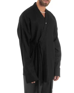 Outfit coordinato lino kimono pantaloni baggy corda morbido nero GIOSAL-OU2524A