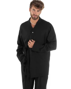 Outfit coordinato lino kimono pantaloni baggy corda morbido nero GIOSAL-OU2524A