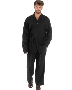 Outfit coordinato lino kimono pantaloni baggy corda morbido nero GIOSAL-OU2524A