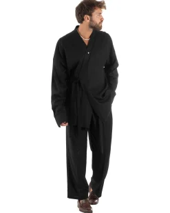 Outfit coordinato lino kimono pantaloni baggy corda morbido nero GIOSAL-OU2524A