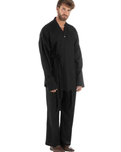 Outfit coordinato lino kimono pantaloni baggy corda morbido nero GIOSAL-OU2524A
