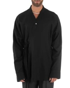 Outfit coordinato lino kimono pantaloni baggy corda morbido nero GIOSAL-OU2524A