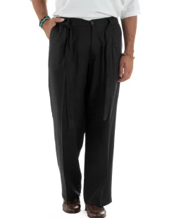 Outfit coordinato lino kimono pantaloni baggy corda morbido nero GIOSAL-OU2524A