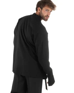 Outfit coordinato lino kimono pantaloni baggy corda morbido nero GIOSAL-OU2524A