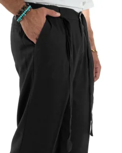 Outfit coordinato lino kimono pantaloni baggy corda morbido nero GIOSAL-OU2524A