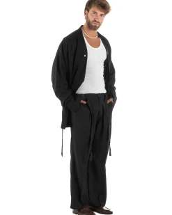 Outfit coordinato lino kimono pantaloni baggy corda morbido nero GIOSAL-OU2524A