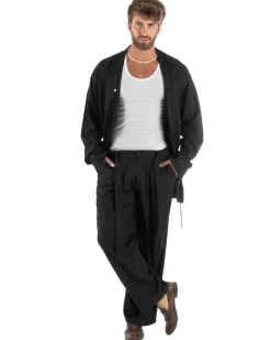 Outfit coordinato lino kimono pantaloni baggy corda morbido nero GIOSAL-OU2524A