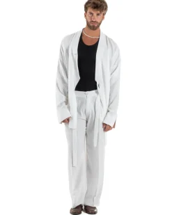 Outfit coordinato lino kimono pantaloni baggy corda morbido bianco GIOSAL-OU2523A