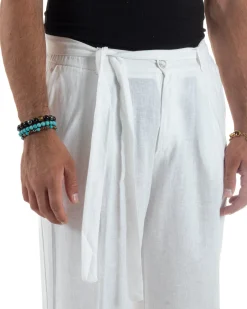 Outfit coordinato lino kimono pantaloni baggy corda morbido bianco GIOSAL-OU2523A