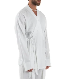 Outfit coordinato lino kimono pantaloni baggy corda morbido bianco GIOSAL-OU2523A