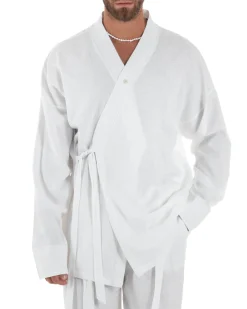 Outfit coordinato lino kimono pantaloni baggy corda morbido bianco GIOSAL-OU2523A