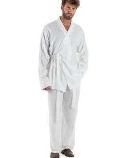 Outfit coordinato lino kimono pantaloni baggy corda morbido bianco GIOSAL-OU2523A