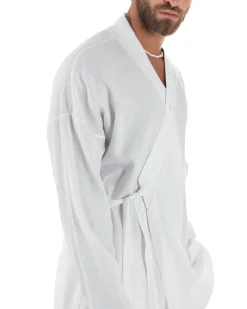 Outfit coordinato lino kimono pantaloni baggy corda morbido bianco GIOSAL-OU2523A