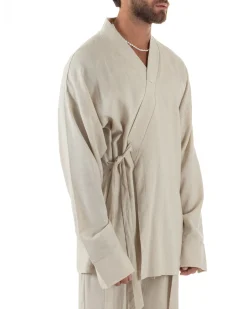 Outfit coordinato lino kimono pantaloni baggy corda morbido beige GIOSAL-OU2522A