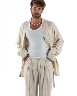 Outfit coordinato lino kimono pantaloni baggy corda morbido beige GIOSAL-OU2522A